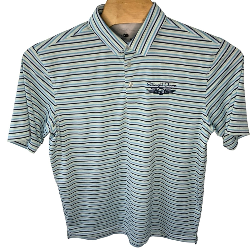 Straight Down Mens XL Golf Polo Shirt Blue Green Stripe Short Sleeve Performance